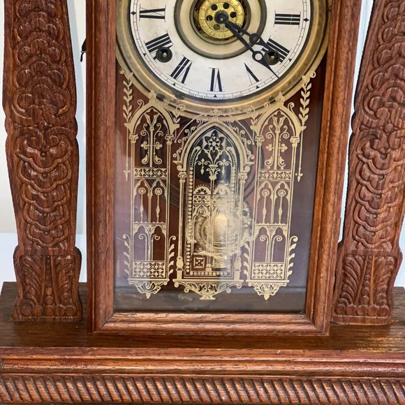 ANTIQUE INGRAHAM OAK AMERICAN GINGERBREAD CLOCK WORKING MANTLE MANTEL WINDUP - Picture 4 of 16
